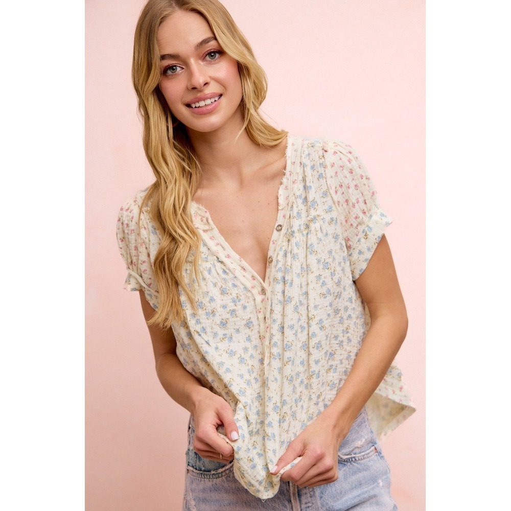 BiBi Floral Crinkle Neckdrop Short Sleeve Blouse Top - Medium - Picture 2 of 10